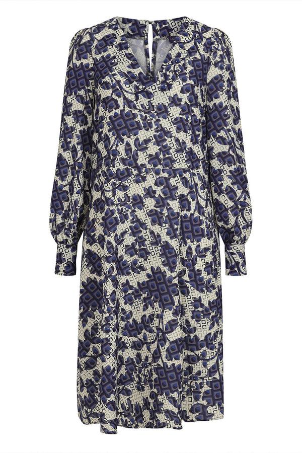 Hot Squash Chiffon Loose Dress With V Neck Blue Geo Blossom