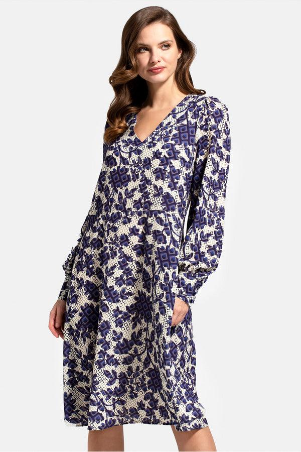 hot squash Chiffon Loose Dress with V Neck Blue Geo Blossom