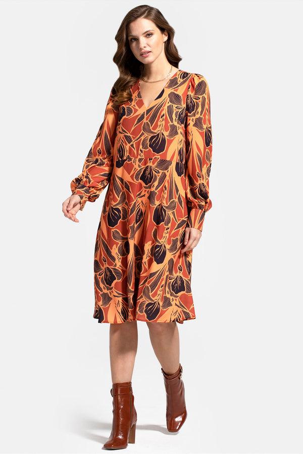 Hot Squash Chiffon Loose Dress With V Neck Brown Floral
