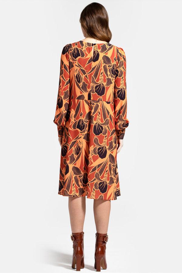 Hot Squash Chiffon Loose Dress With V Neck Brown Floral