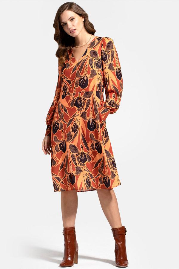 hot squash Chiffon Loose Dress with V Neck Brown Floral