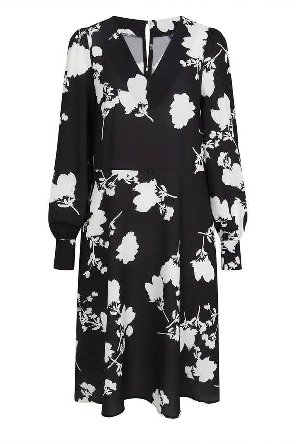 Hot Squash Chiffon Loose Dress With V Neck White Flower On Black