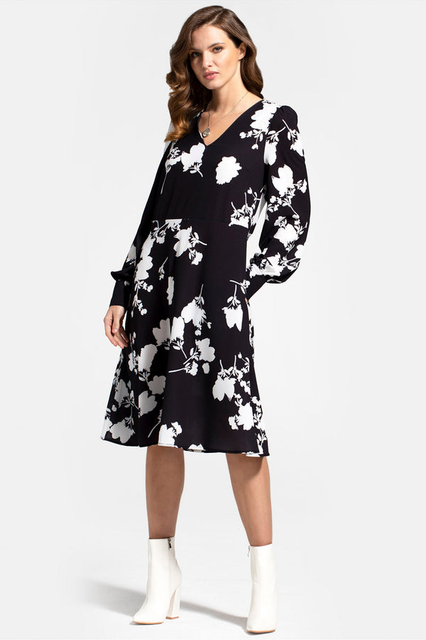 hot squash Chiffon Loose Dress with V Neck White Flower on Black