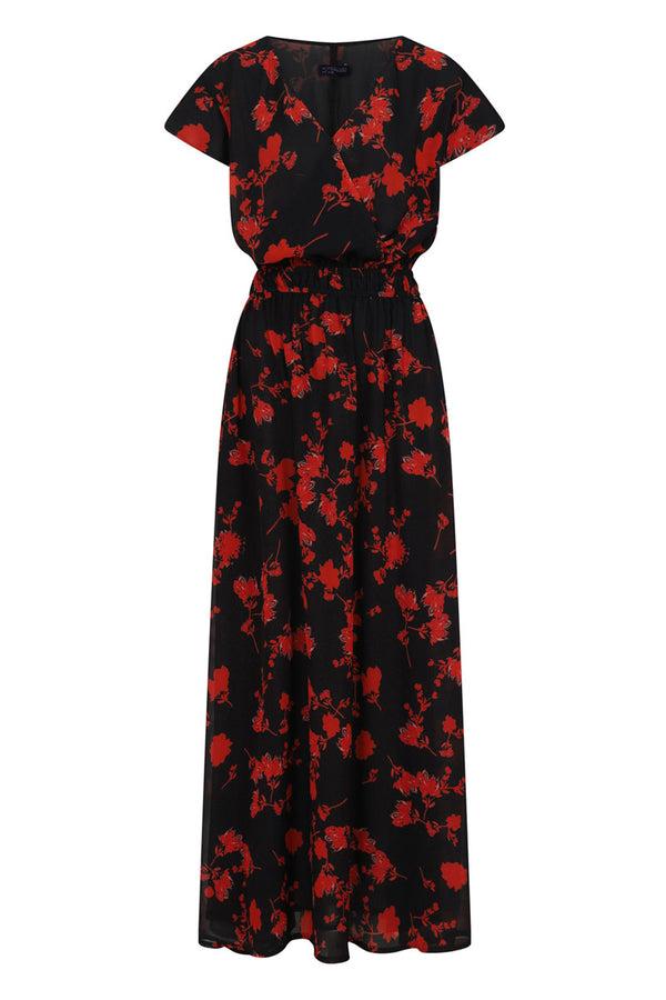 Hot Squash Chiffon Mock-Wrap Maxi Dress Black And Red Flower