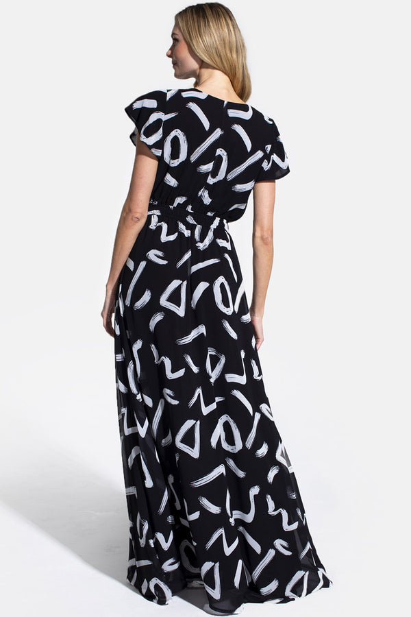 Hot Squash Chiffon Mock-Wrap Maxi Dress Black Brush Strokes