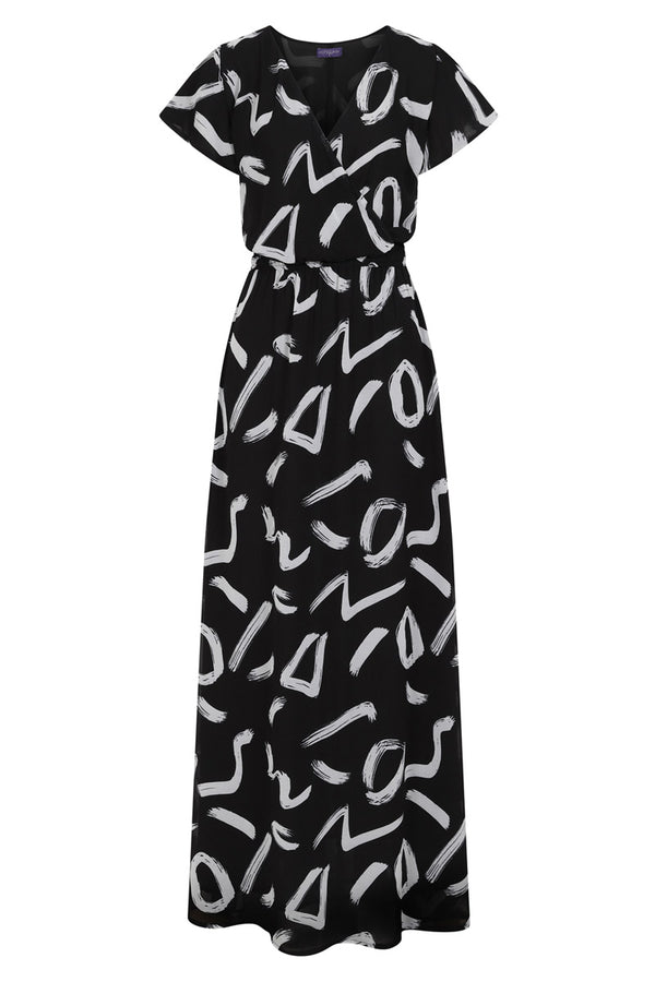 Hot Squash Chiffon Mock-Wrap Maxi Dress Black Brush Strokes
