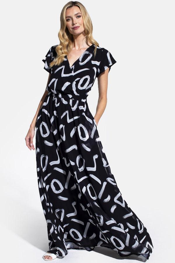 hot squash Chiffon Mock-Wrap Maxi Dress Black Brush Strokes