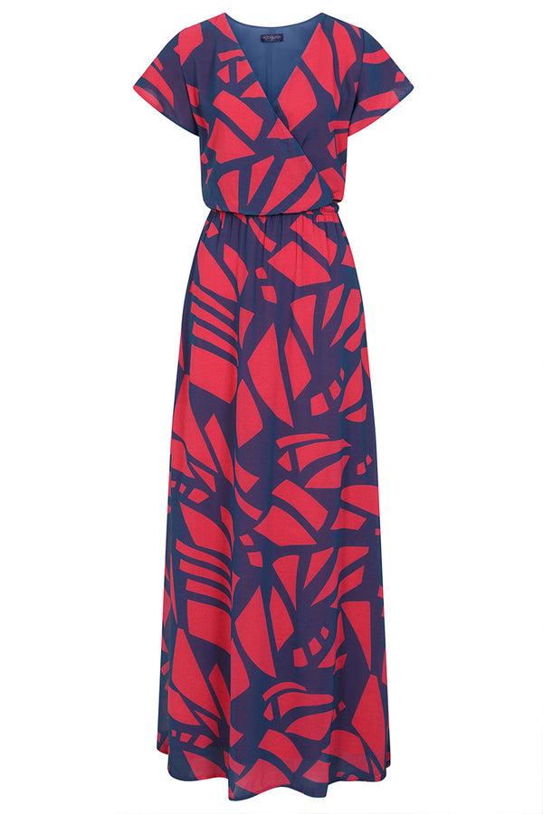Hot Squash Chiffon Mock-Wrap Maxi Dress Matisse Print Teal/Coral