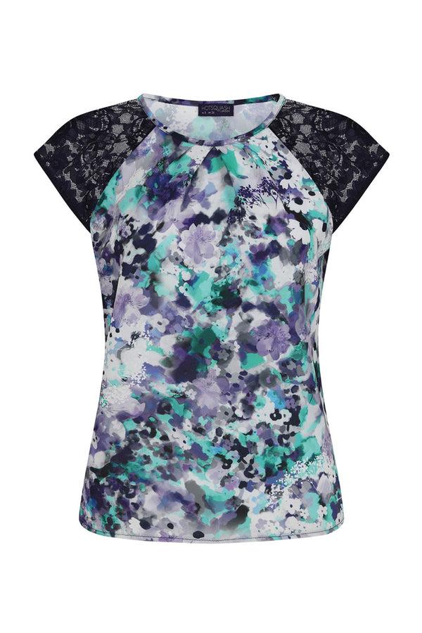 Hot Squash Chiffon Top With Lace Sleeve Blue Bouquet