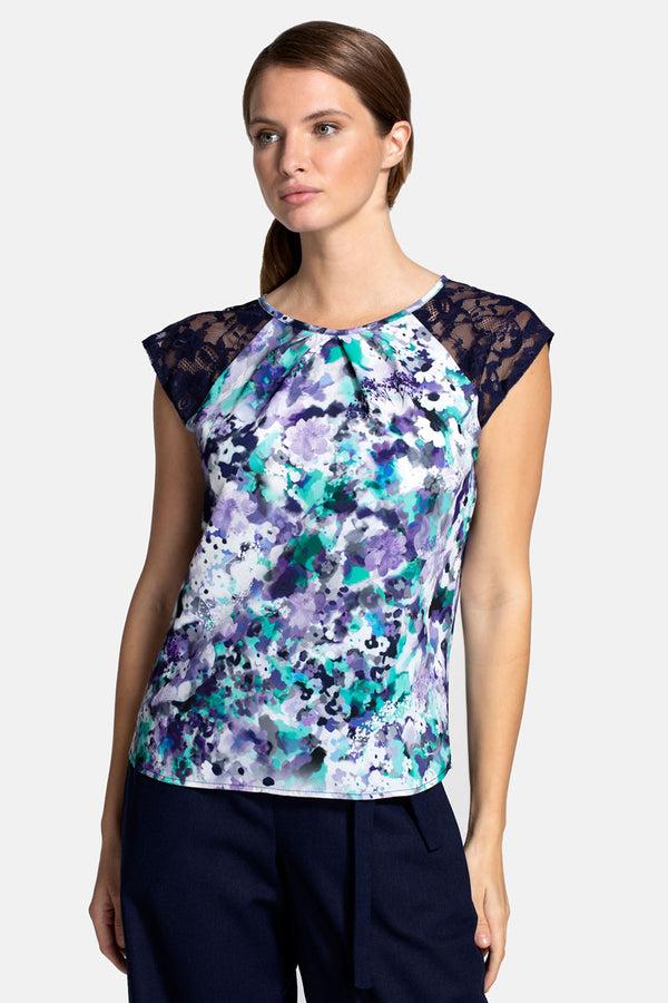 hot squash Chiffon Top with Lace Sleeve Blue Bouquet