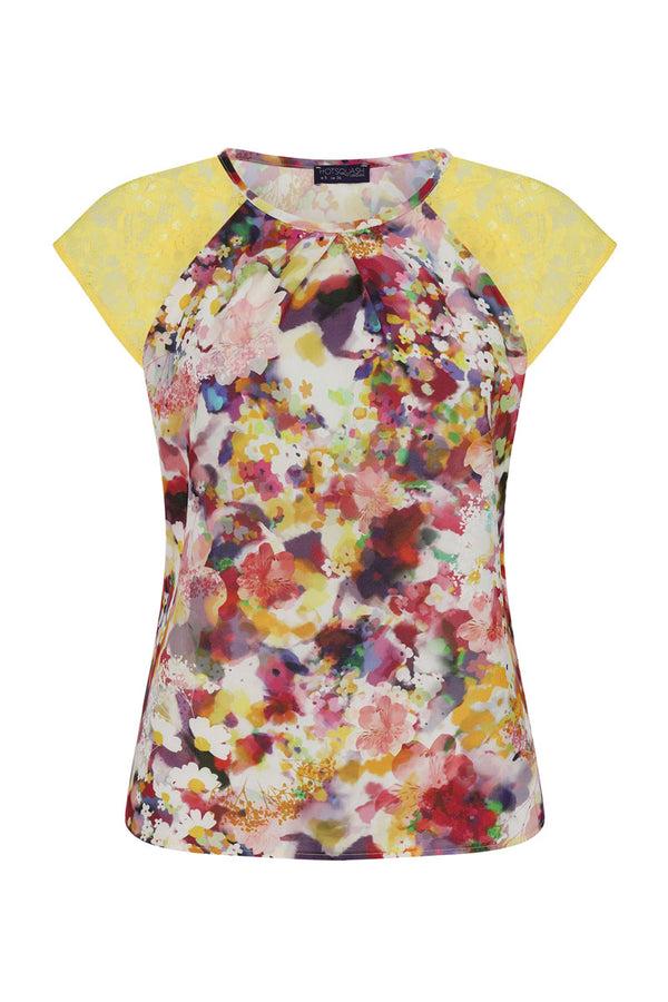 Hot Squash Chiffon Top With Lace Sleeve Yellow Bouquet