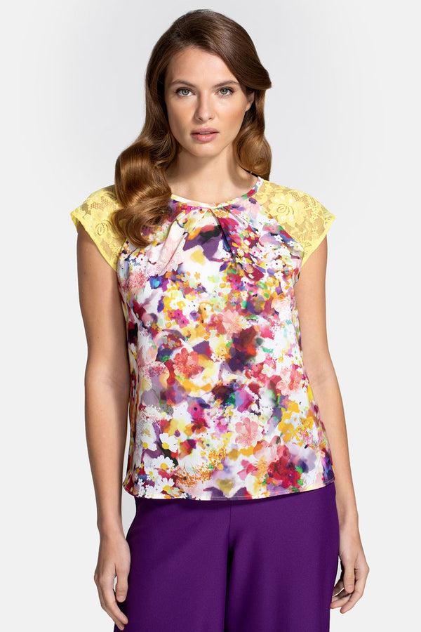 hot squash Chiffon Top with Lace Sleeve Yellow Bouquet