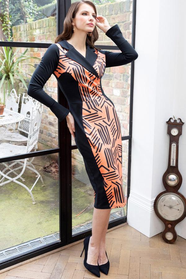 Hot Squash Collar Detail Bodycon Dress Black / Orange Calligraphy