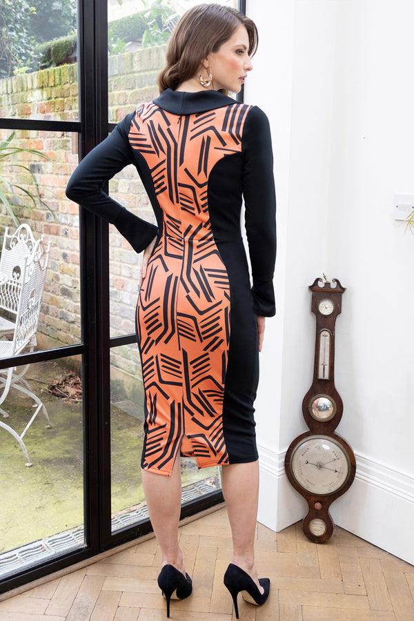 Hot Squash Collar Detail Bodycon Dress Black / Orange Calligraphy