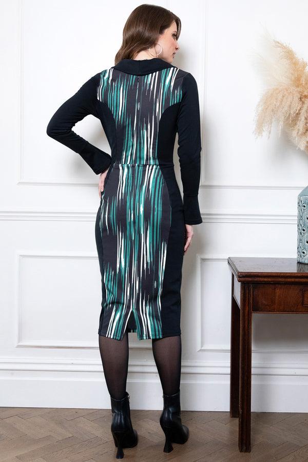 Hot Squash Collar Detail Bodycon Dress Green Abstract Stripes