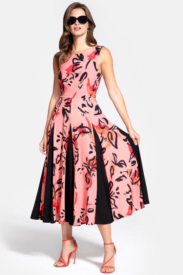 Hot Squash Contrast Panel Midi Dress Floral Graffiti Peach