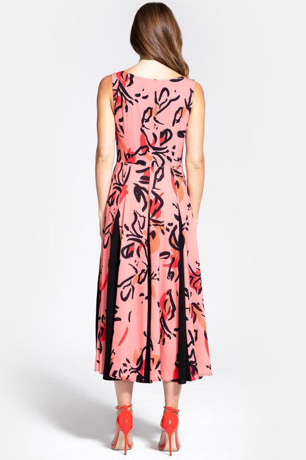 Hot Squash Contrast Panel Midi Dress Floral Graffiti Peach
