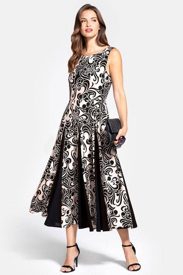 Hot Squash Contrast Panel Midi Dress Retro Print Black/Cream