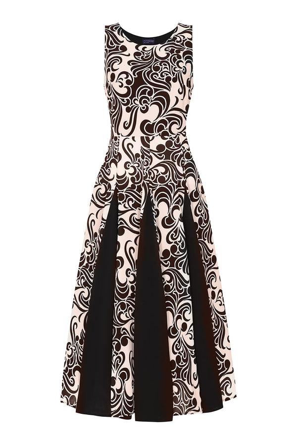 Hot Squash Contrast Panel Midi Dress Retro Print Black/Cream