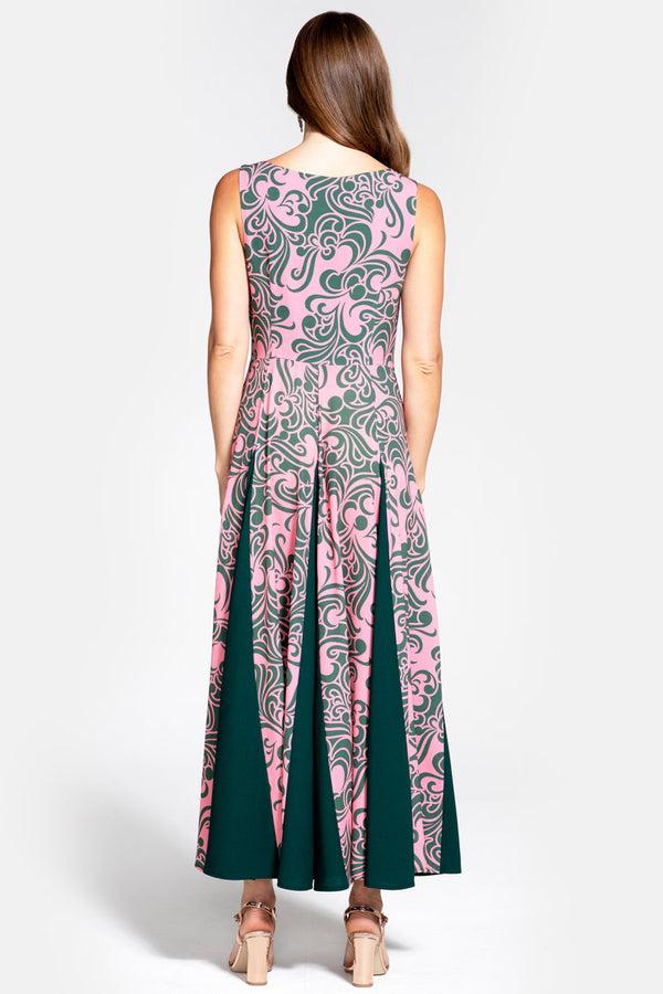 Hot Squash Contrast Panel Midi Dress Retro Print Green / Pink