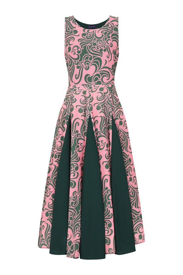 Hot Squash Contrast Panel Midi Dress Retro Print Green / Pink