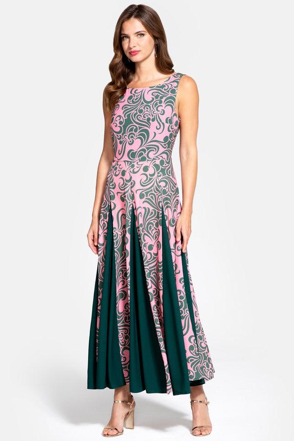 hot squash Contrast Panel Midi Dress Retro Print Green / Pink