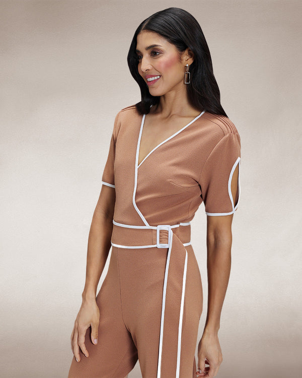 Hot Squash Contrast Piping Detail Jumpsuit Caramel / White Piping