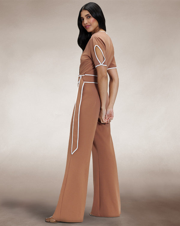 Hot Squash Contrast Piping Detail Jumpsuit Caramel / White Piping