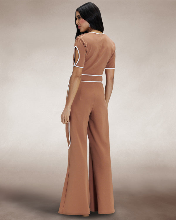 Hot Squash Contrast Piping Detail Jumpsuit Caramel / White Piping