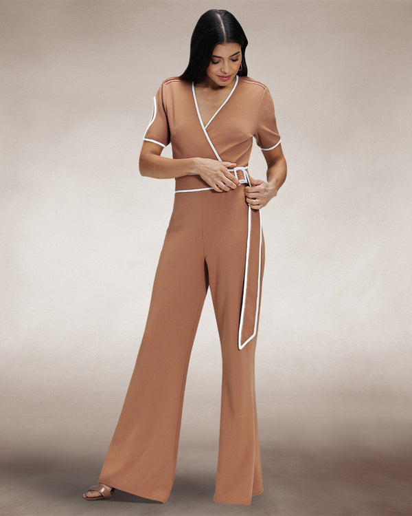 hot squash Contrast Piping Detail Jumpsuit Caramel / White Piping