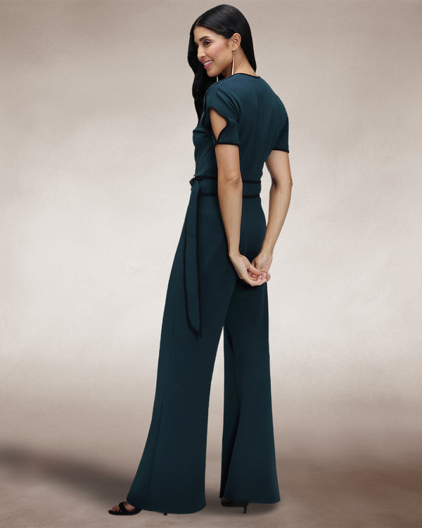 Hot Squash Contrast Piping Detail Jumpsuit Teal / Black Piping