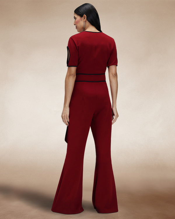 Hot Squash Contrast Piping Detail Jumpsuit Wine / Black Piping