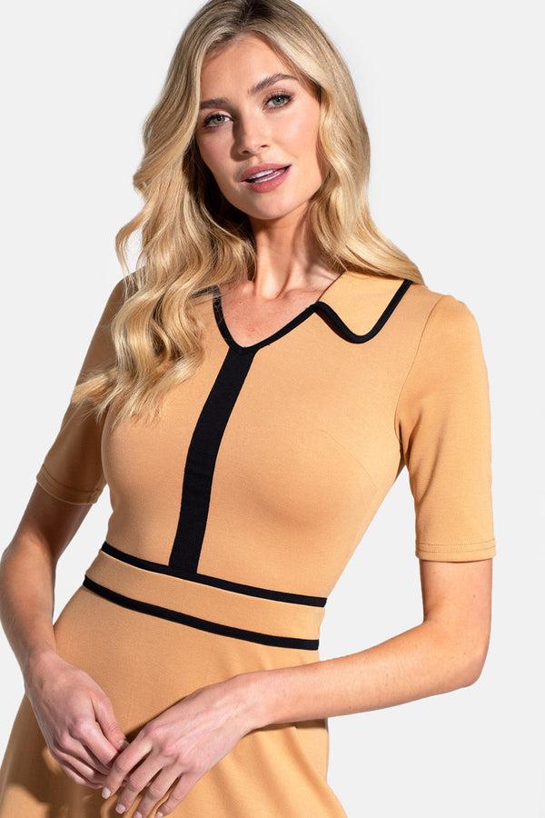Hot Squash Contrast Piping Dress With Flared Skirt Camel/Black