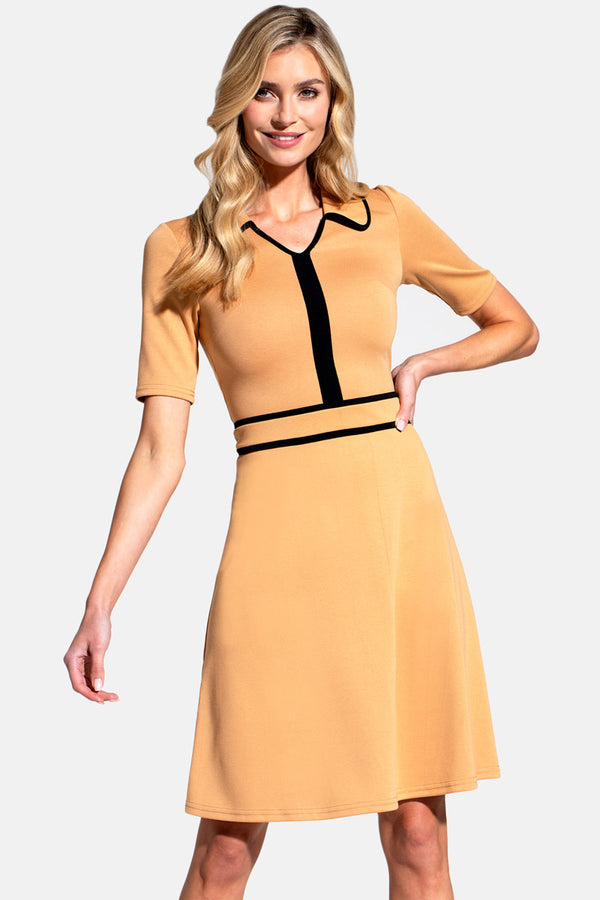 hot squash Contrast Piping Dress with Flared Skirt Camel/Black