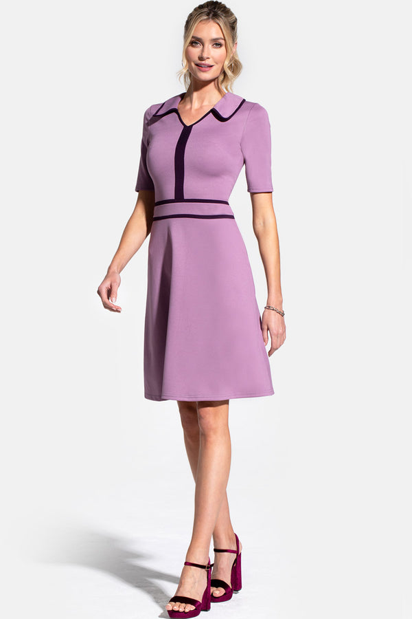 Hot Squash Contrast Piping Dress With Flared Skirt Grape With Damson