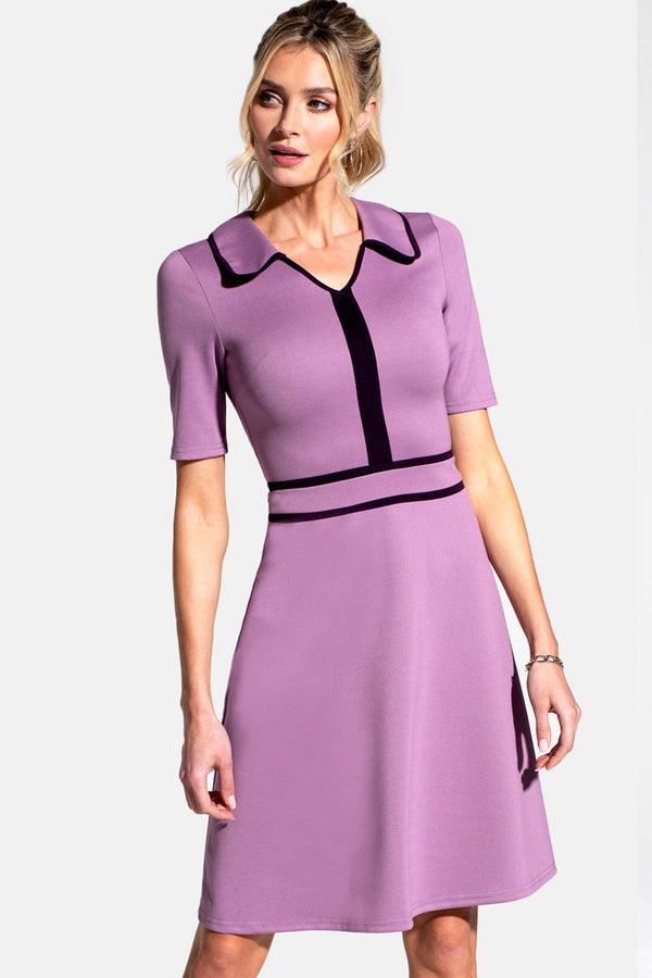 hot squash Contrast Piping Dress with Flared Skirt Grape with Damson