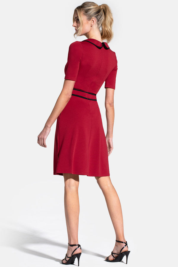 Hot Squash Contrast Piping Dress With Flared Skirt Red With Black Piping