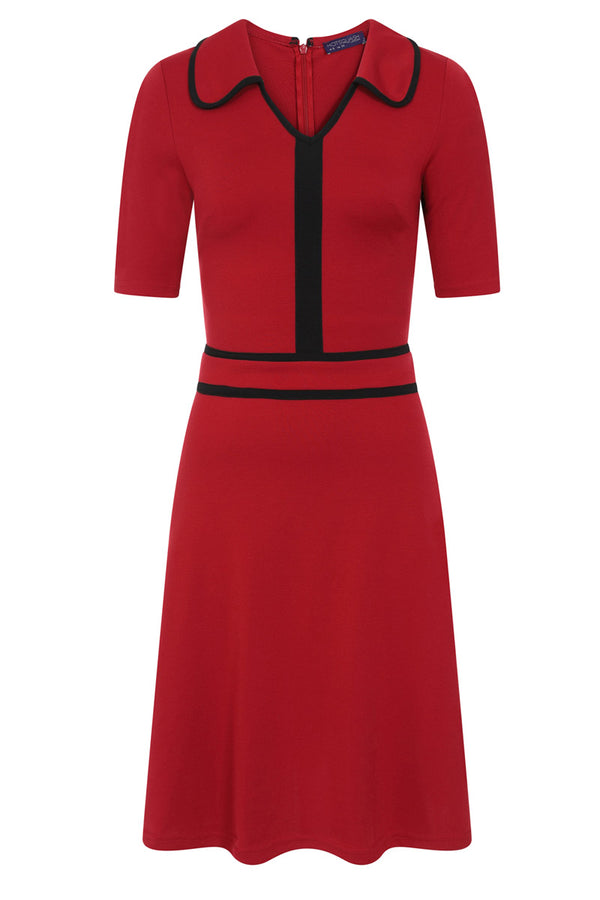 Hot Squash Contrast Piping Dress With Flared Skirt Red With Black Piping