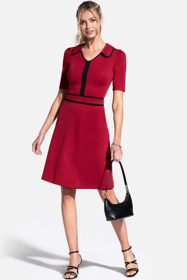 hot squash Contrast Piping Dress with Flared Skirt Red with Black Piping