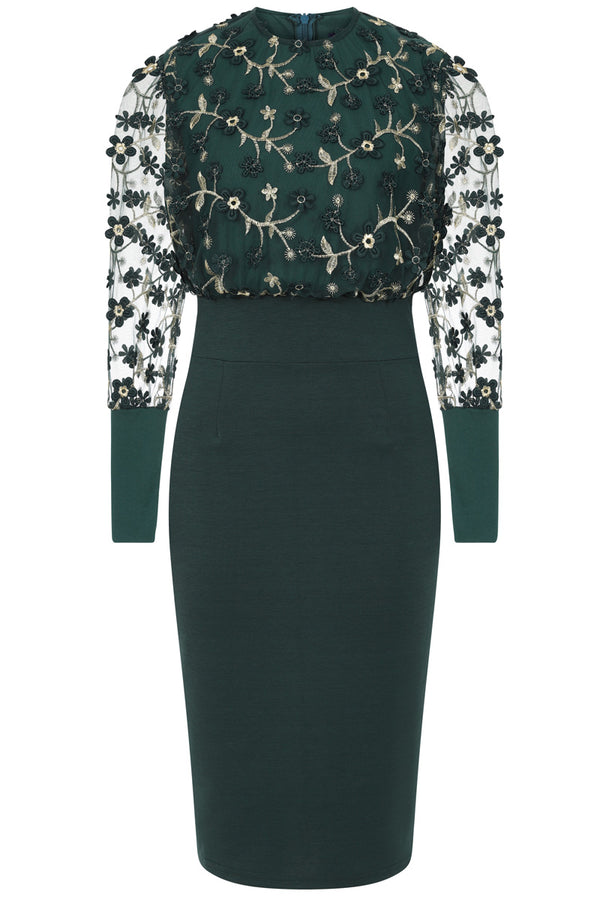 Hot Squash Embroidered Emma Dress Green/Gold Petals