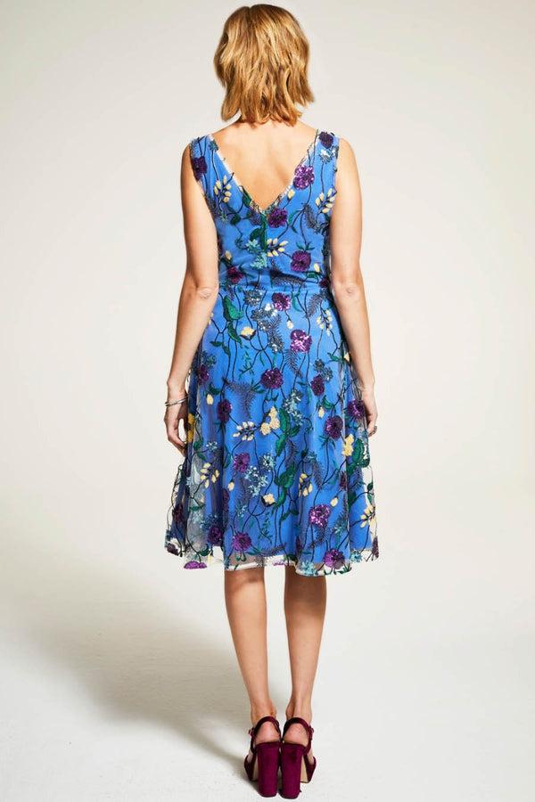 Hot Squash Embroidered V Neck Fit N Flare Dress Cobalt