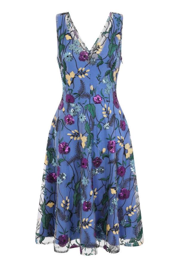 Hot Squash Embroidered V Neck Fit N Flare Dress Cobalt