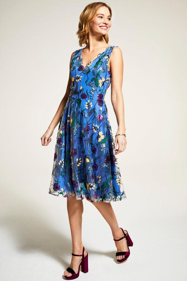 hot squash Embroidered V Neck Fit n Flare Dress Cobalt