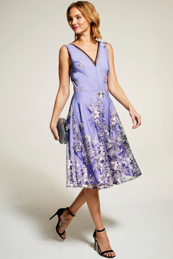 Hot Squash Embroidered V Neck Fit N Flare Dress Lilac