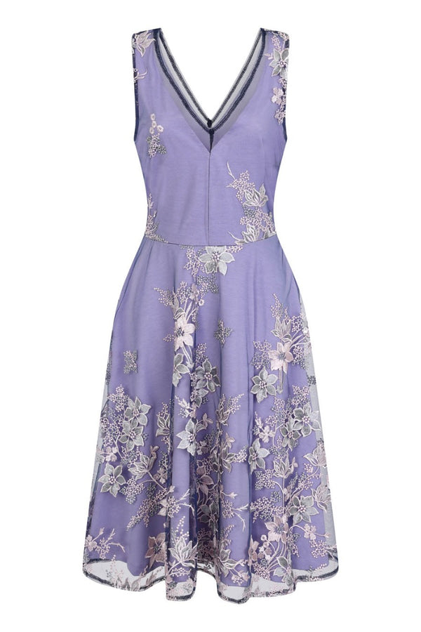 Hot Squash Embroidered V Neck Fit N Flare Dress Lilac
