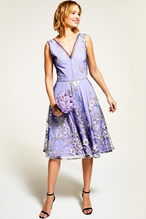 hot squash Embroidered V Neck Fit n Flare Dress Lilac