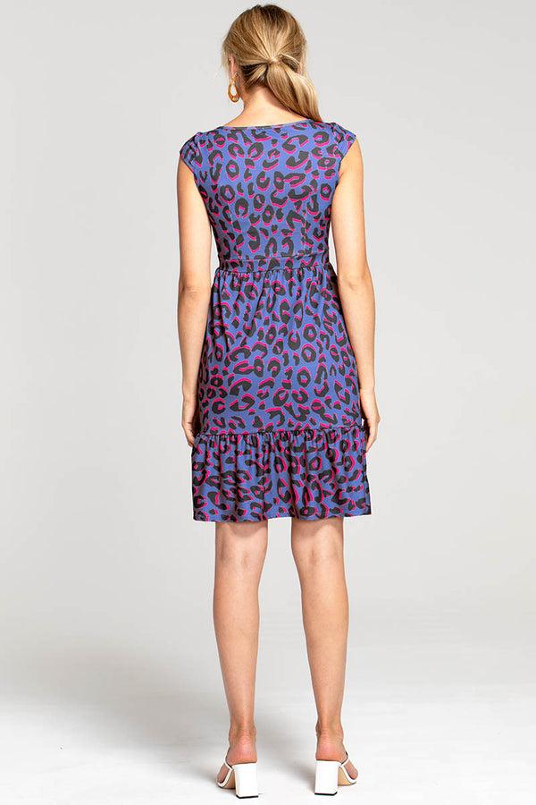 Hot Squash Empire Line Knee Length Dress With Capped Sleeves Blue Leopard
