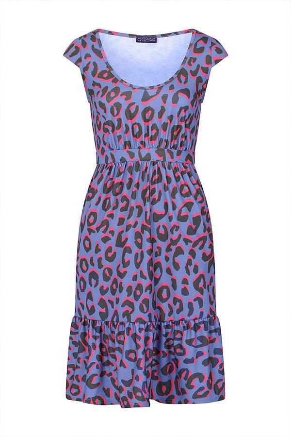 Hot Squash Empire Line Knee Length Dress With Capped Sleeves Blue Leopard