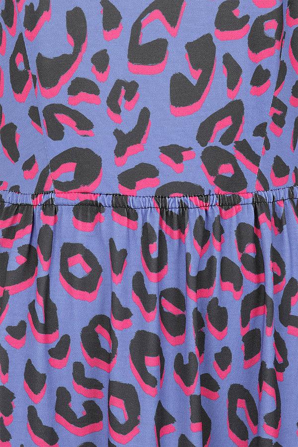Hot Squash Empire Line Knee Length Dress With Capped Sleeves Blue Leopard