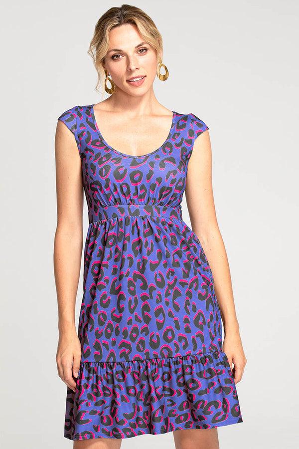 hot squash Empire Line Knee Length Dress with capped sleeves Blue Leopard